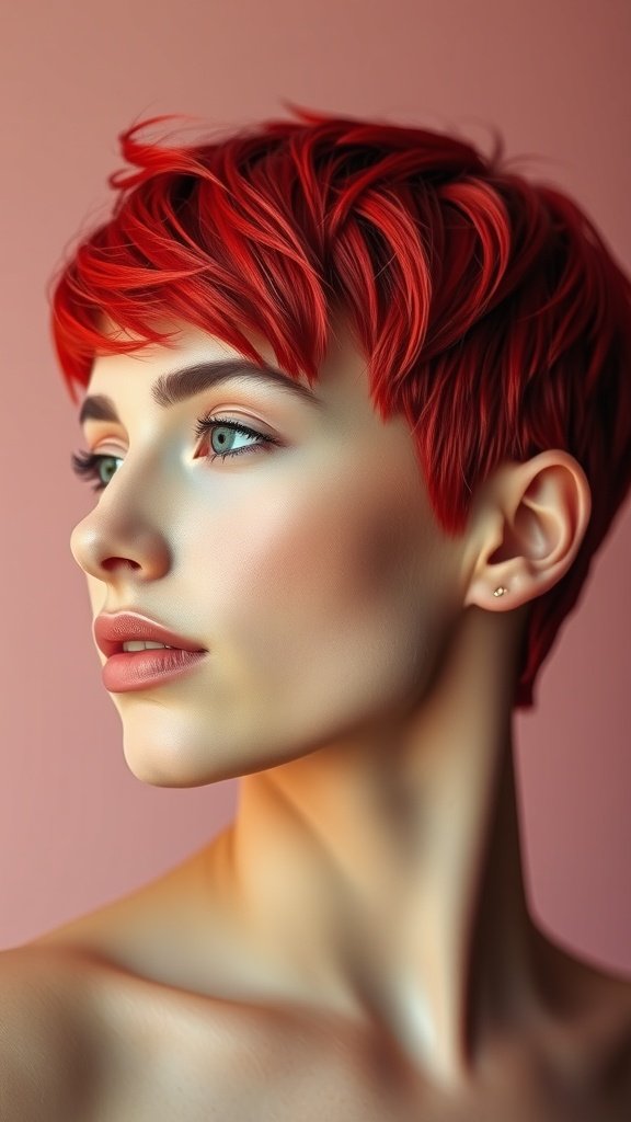 A close-up of a woman with a bold fiery red pixie cut, showcasing her striking features against a soft background.