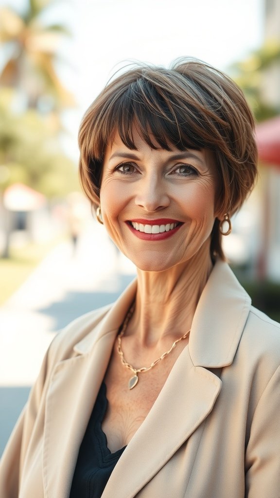 A woman over 50 with a bowl cut and feathered bangs, smiling outdoors.