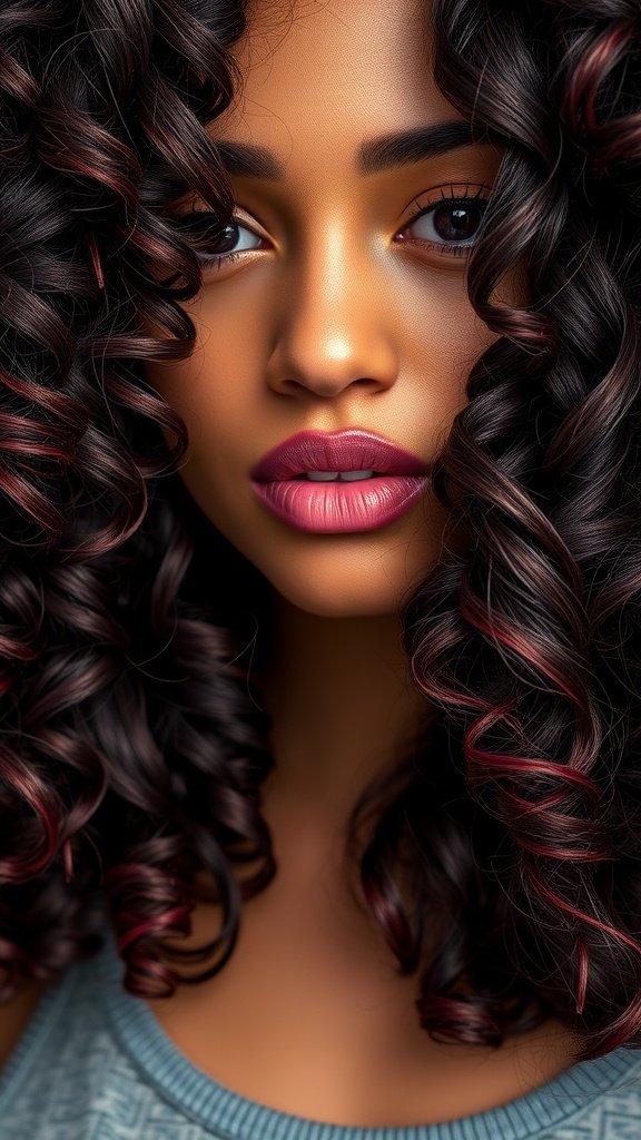 A close-up of a woman with natural curls featuring burgundy balayage highlights.