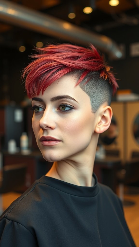 A woman with a buzzed pixie haircut featuring a precision cut top, showcasing vibrant red hair and a stylish look.
