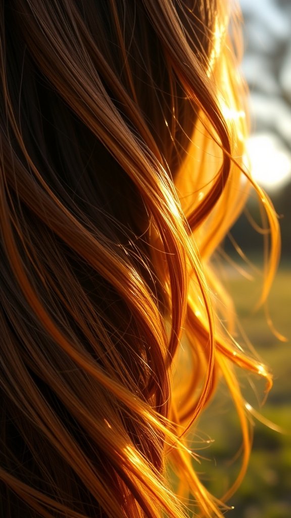 Brunette hair with caramel highlights illuminated by sunlight