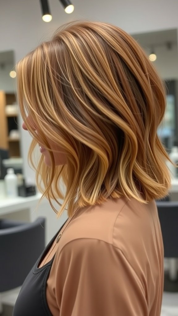 Chin-length hairstyle with a deep side part and slight waves, showcasing warm tones and a soft, romantic vibe.
