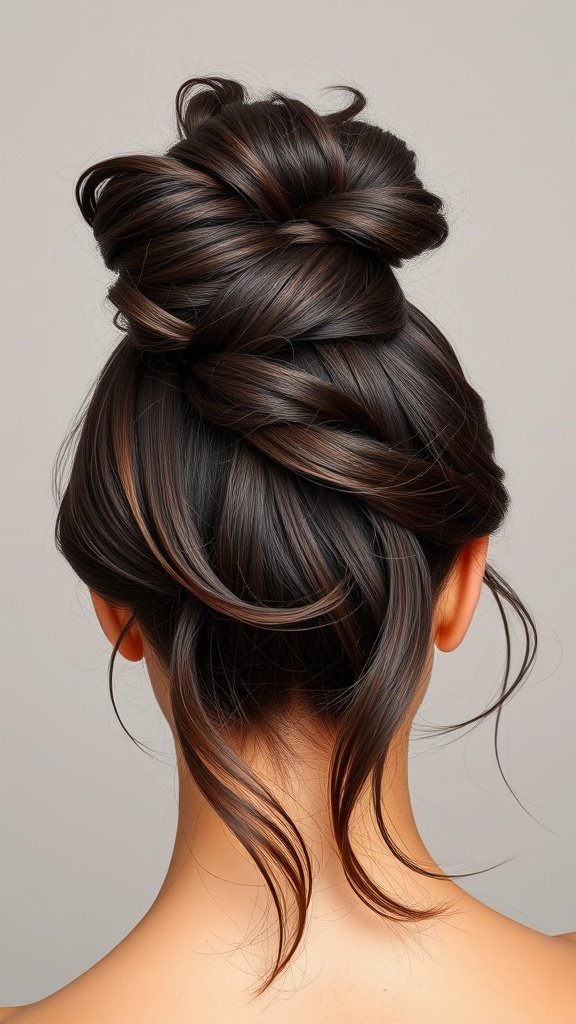 A stylish chocolate brown high bun hairstyle with intricate braiding and loose tendrils.