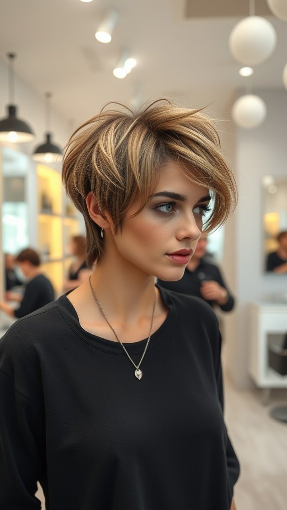 A woman with a choppy asymmetrical haircut, showcasing contrasting textures and a stylish look.