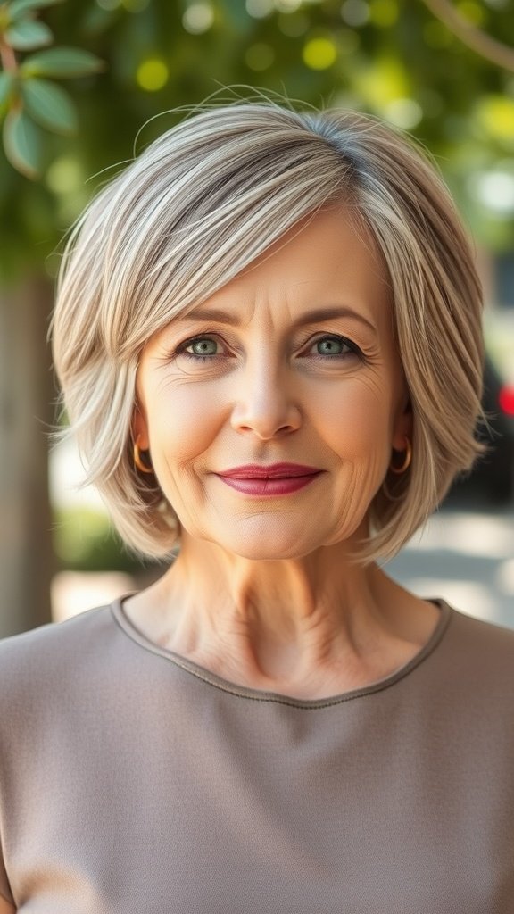 A woman with a choppy bob hairstyle featuring an angled front, smiling outdoors.