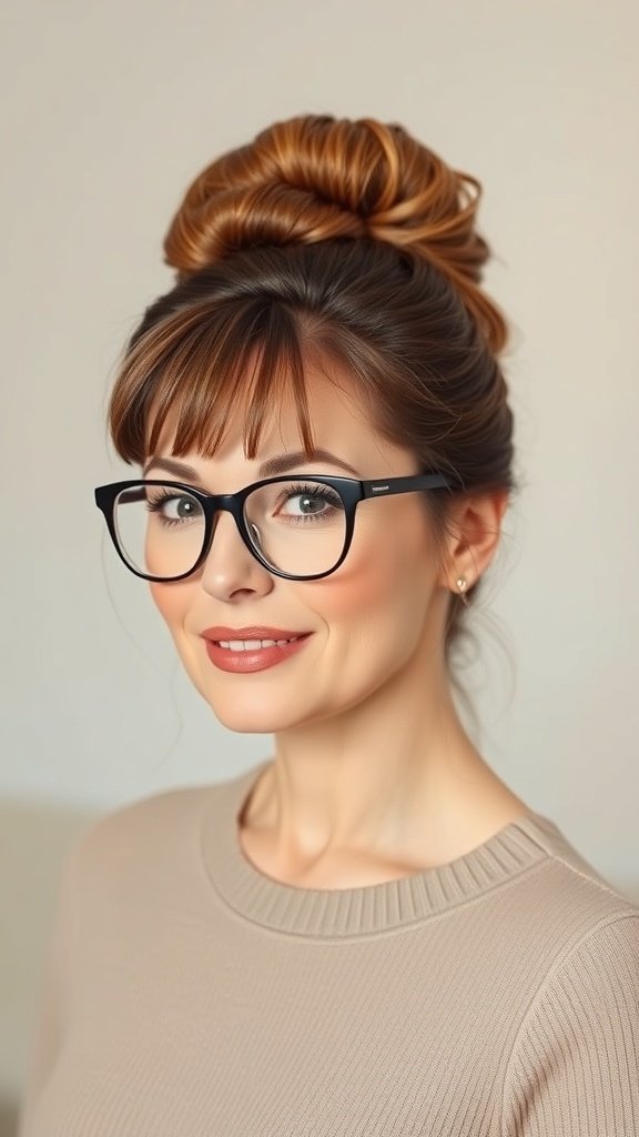 A woman over 70 with glasses showcasing a classic chignon hairstyle, featuring soft bangs and a sophisticated look.
