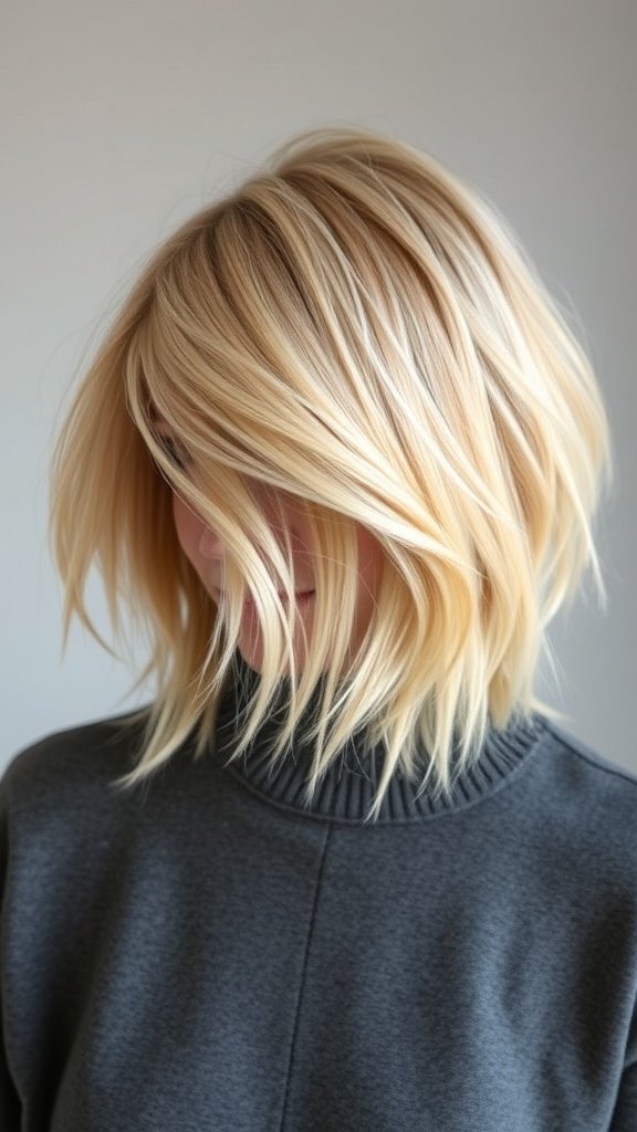 A cool-toned blonde shag haircut with wispy ends, showcasing layers and movement.