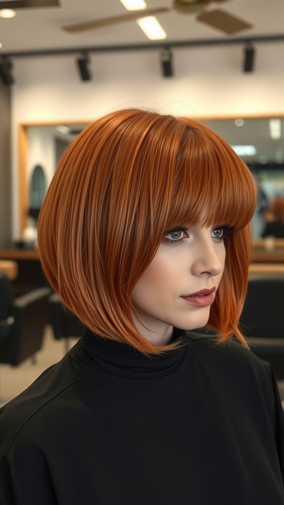 A woman with a copper box bob hairstyle and a swooping fringe, showcasing a stylish look in a salon setting.