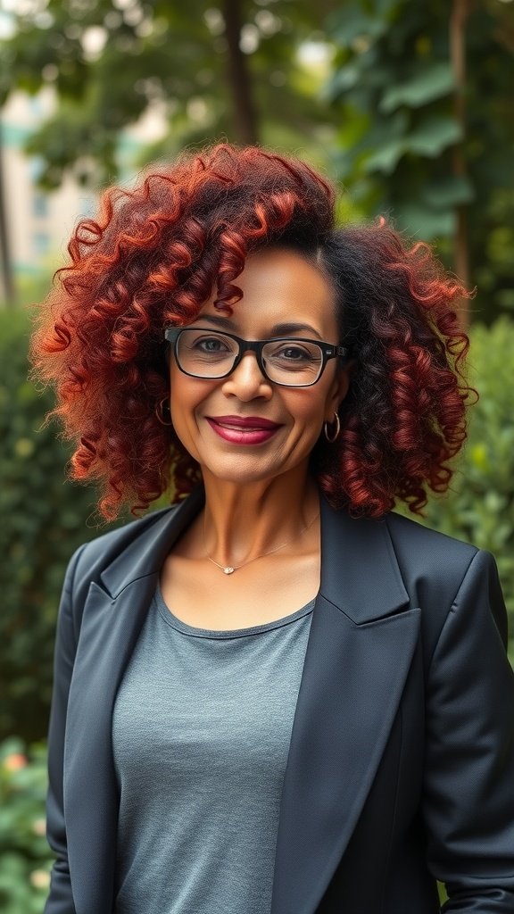 A woman over 50 with curly hair styled in a faux hawk, wearing glasses and a blazer, smiling outdoors.