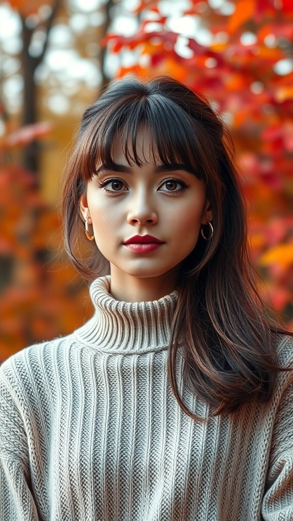 A woman with curtain bangs wearing a cozy sweater, surrounded by autumn foliage.