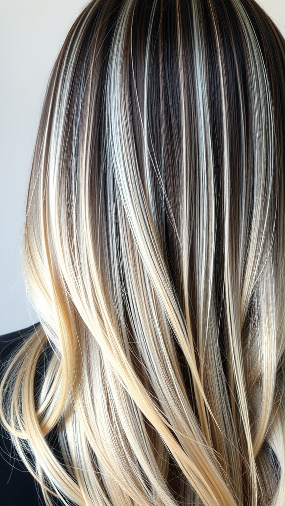 Dark brown hair with platinum blonde streaks in a balayage style