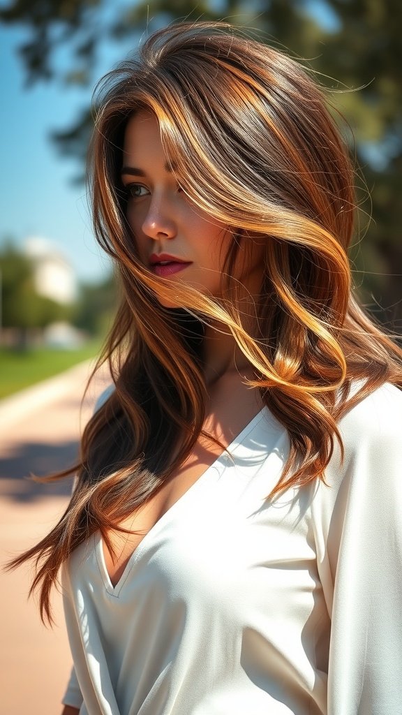 A woman with dark olive brown hair featuring golden blonde highlights, standing outdoors with a soft smile.