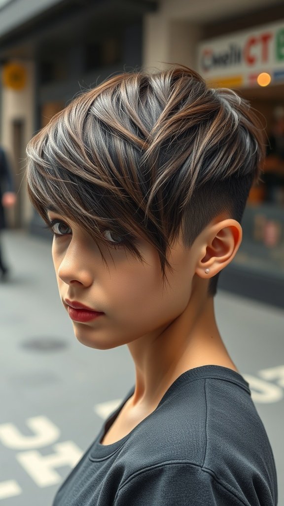 A person with a deep-parted razor cut hairstyle featuring face-framing layers.