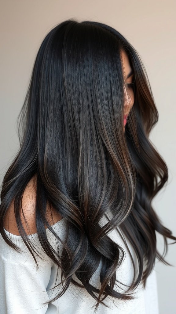 A woman with long dark hair featuring deep charcoal balayage, styled in soft waves.