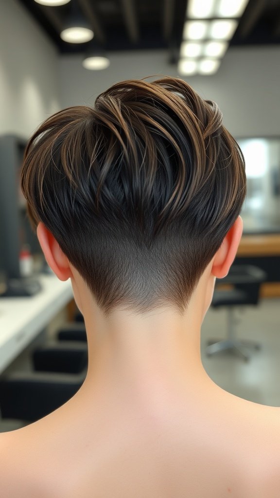 A defined asymmetrical pixie hairstyle with a tapered back, showcasing a modern and stylish look.