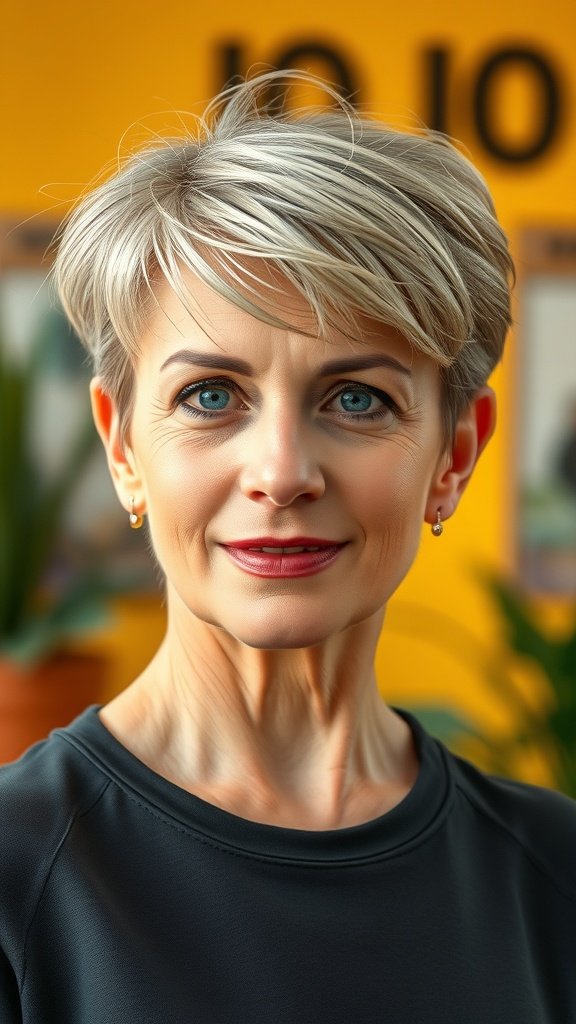 A woman with a defined pixie hairstyle featuring precision cropping, showcasing a youthful and modern look.