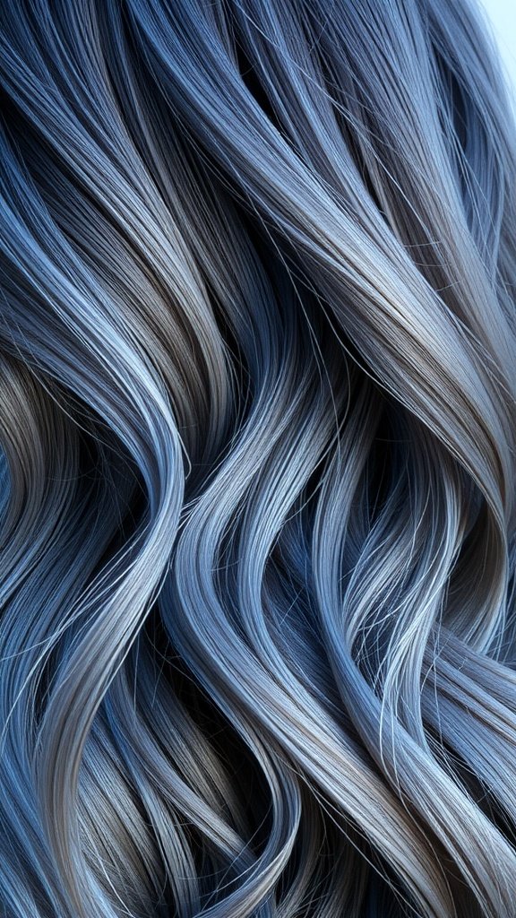 Denim blue highlights on ashy hair, showcasing flowing waves and vibrant colors.