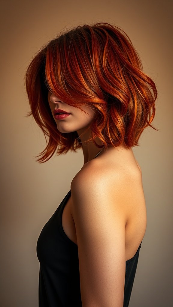 A woman with dramatic cinnamon red lob hairstyle, showcasing soft waves and vibrant color.