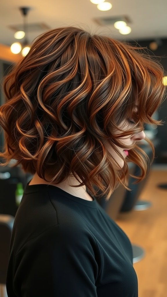 A dynamic curly bob hairstyle with dimensional color, showcasing soft bouncy curls and rich tones.