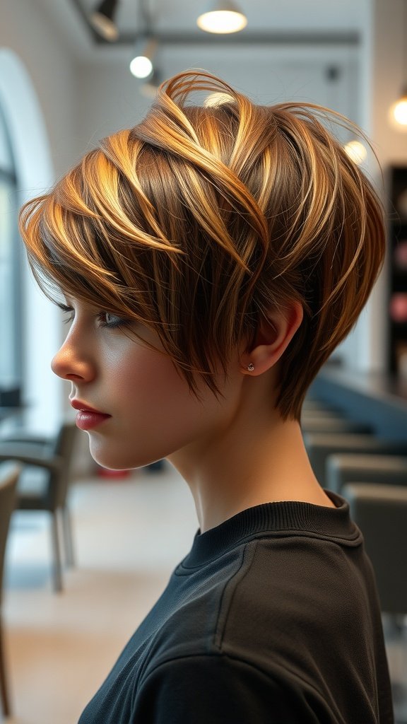 Dynamic layered pixie hairstyle with mini bangs, showcasing warm highlights and a stylish look.