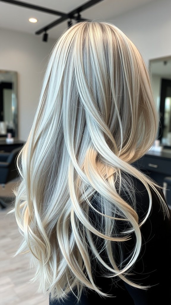 A woman with long hair featuring edgy platinum and black blonde balayage, showcasing a striking contrast.