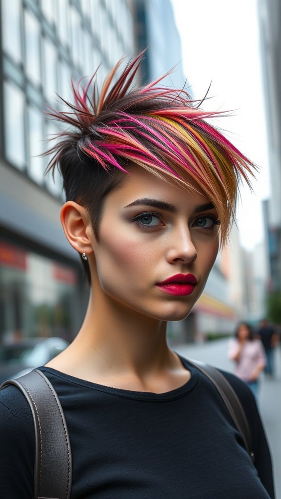A young woman with an edgy spiked pixie haircut featuring vibrant colors and side bangs, posing confidently in an urban setting.