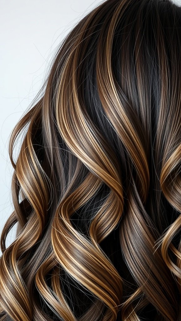 Espresso brown hair with ash blonde highlights styled in soft waves