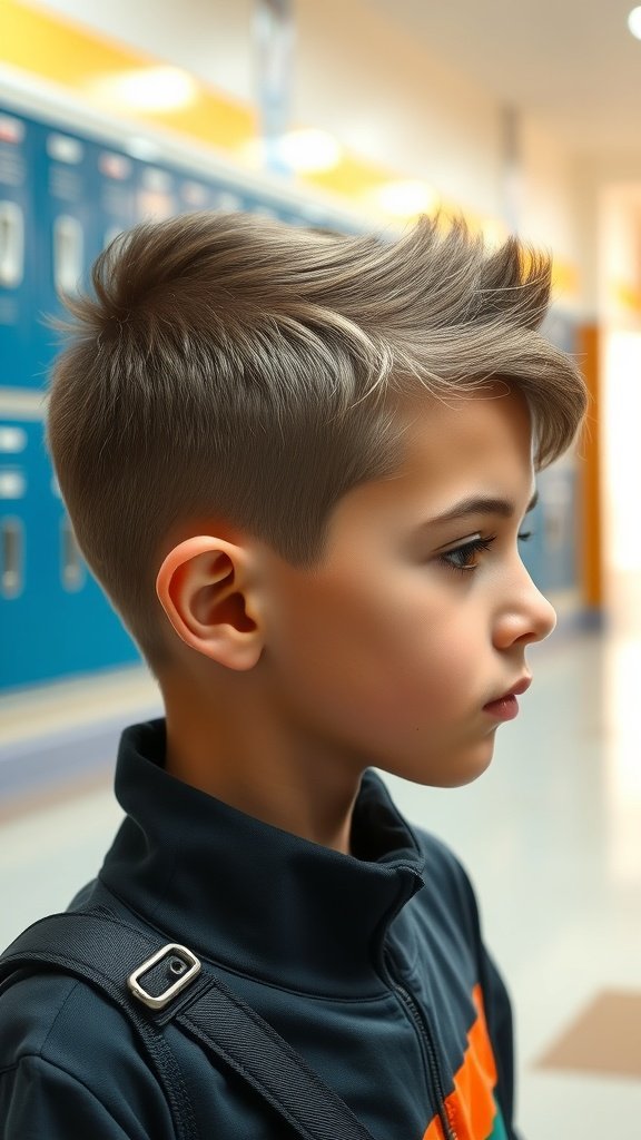 A boy with a Faded Caesar Cut hairstyle, showcasing a stylish and modern look.