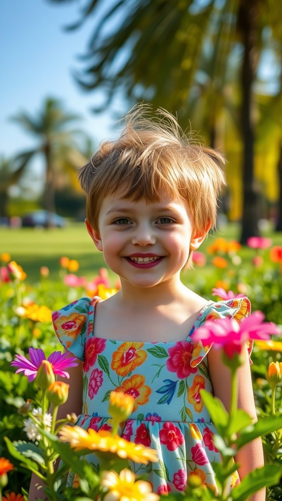 A young girl with a feathered pixie hairstyle and baby bangs, smiling in a flower garden.