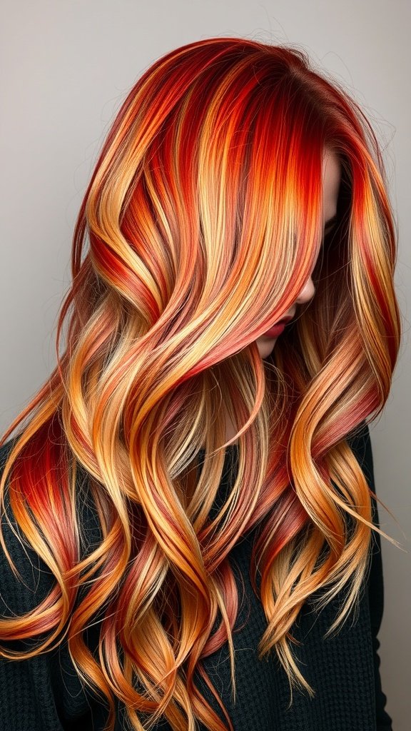 A hairstyle featuring fiery blonde hair with red streaks, styled in soft waves.