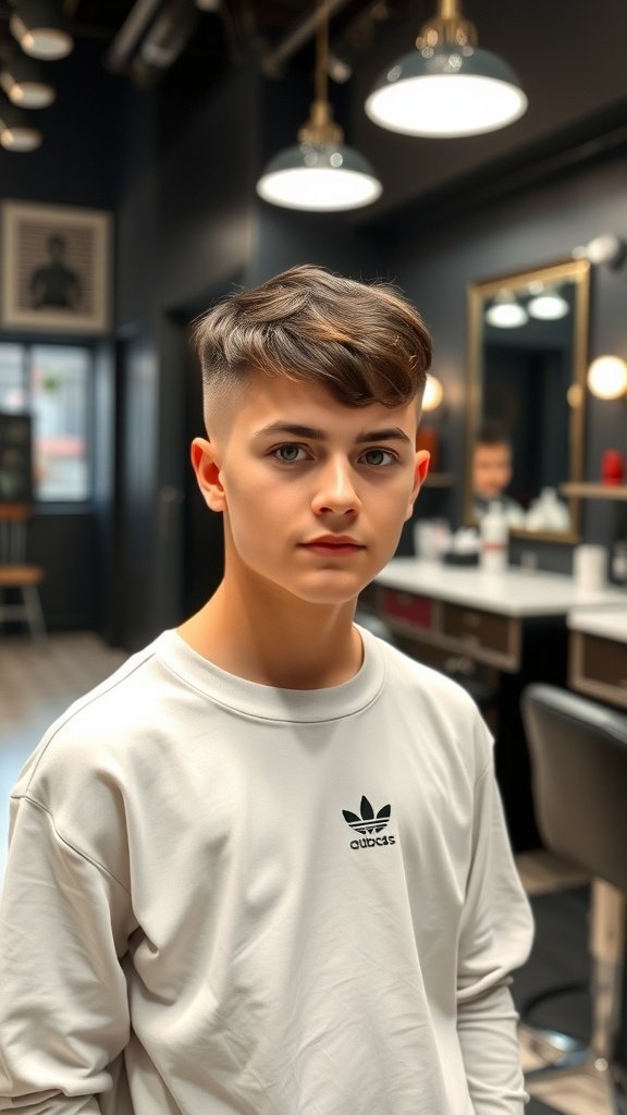 Teenage boy with a flat top haircut and faded sides, wearing a light sweatshirt in a modern barbershop.