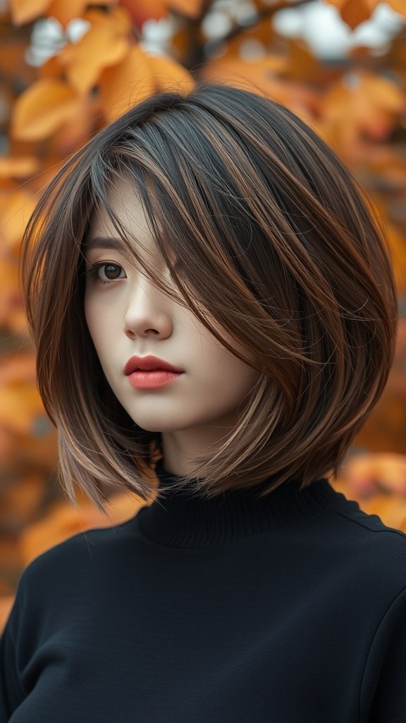 A woman with a layered bob haircut featuring flipped out ends, set against an autumn background.