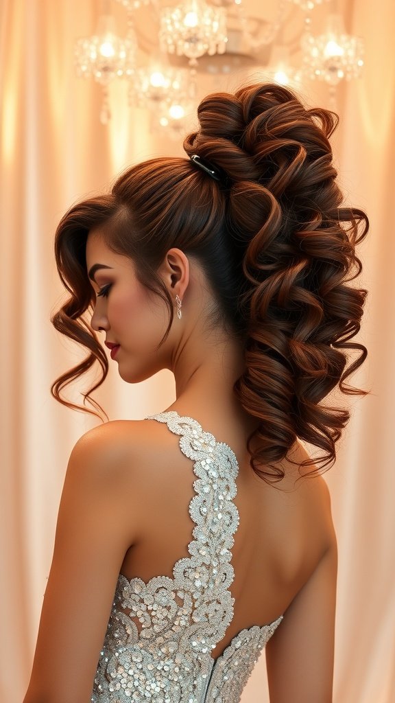 A woman with a high-textured ponytail, showcasing elegant curls and a sparkling dress.