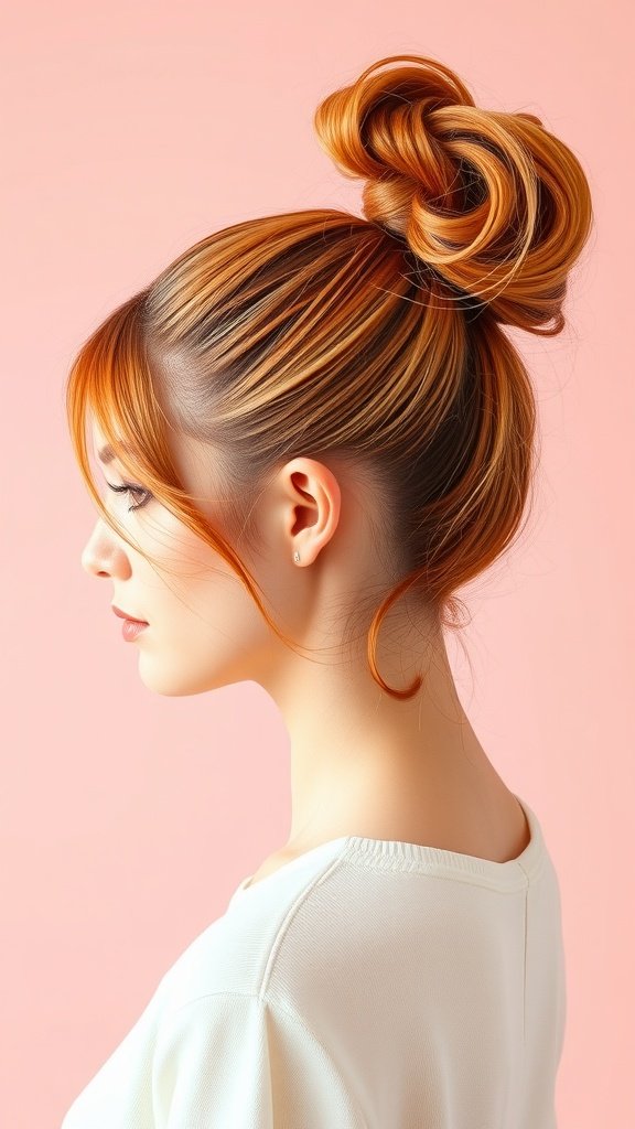 A woman with a high ponytail styled in strawberry blonde hair, showcasing a sleek and polished look.