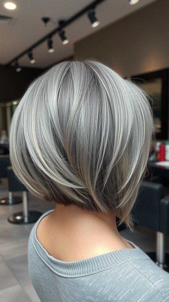 Inverted bob hairstyle with back layering in gray color