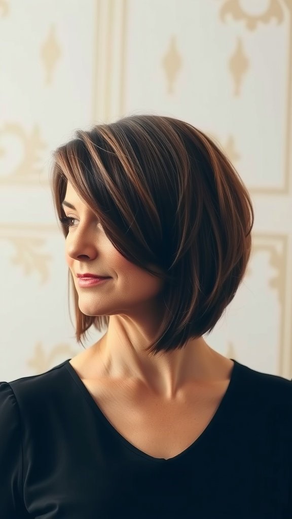 A woman with an inverted bob hairstyle featuring side bangs, looking stylish and confident.