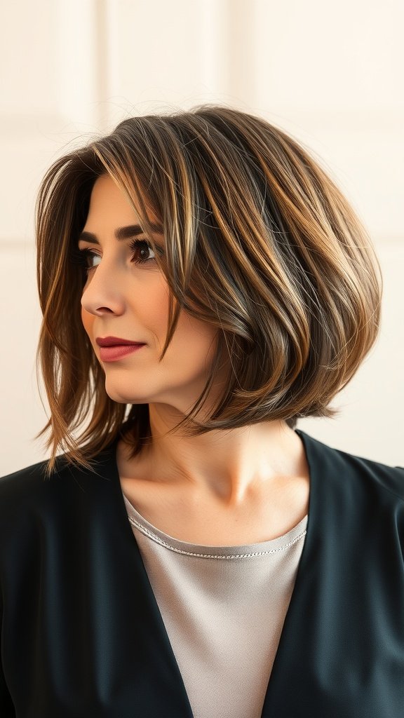 A woman with an inverted bob hairstyle featuring side bangs, showcasing a stylish and modern look.