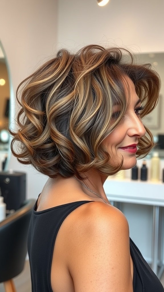 Inverted curly bob hairstyle with layered back, showcasing soft curls and highlights.