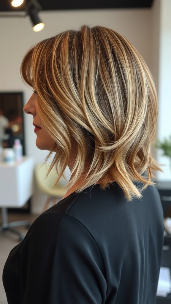 A woman with an inverted lob haircut featuring back layering, showcasing a modern and stylish look.