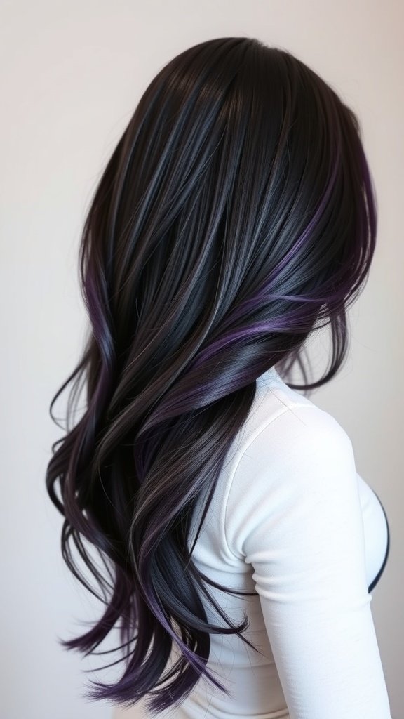A woman with long, flowing hair styled in a jet black to royal purple ombre.
