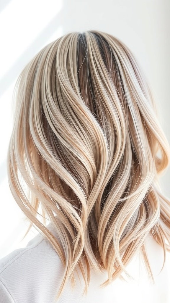 Layered blonde hair with lavender lowlights