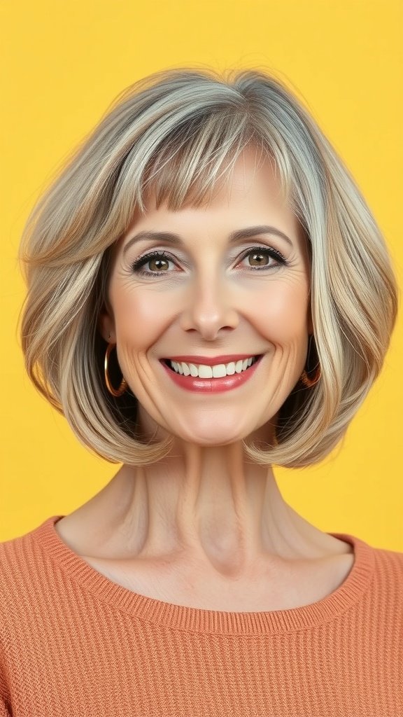 A woman over 70 with a layered bob hairstyle and fringe, smiling against a yellow background.