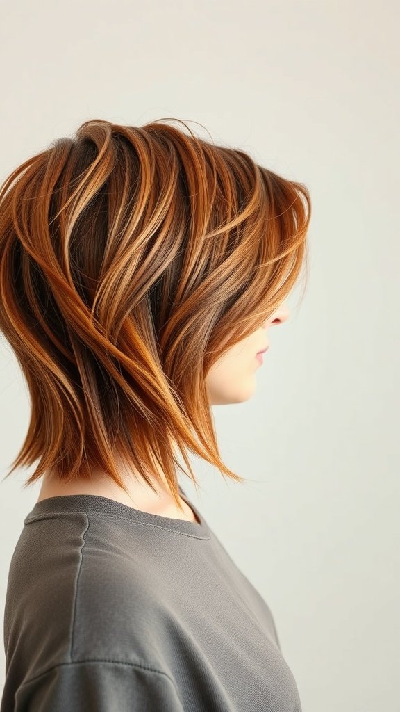 A side view of a layered copper shag hairstyle, showcasing warm copper tones and textured layers.