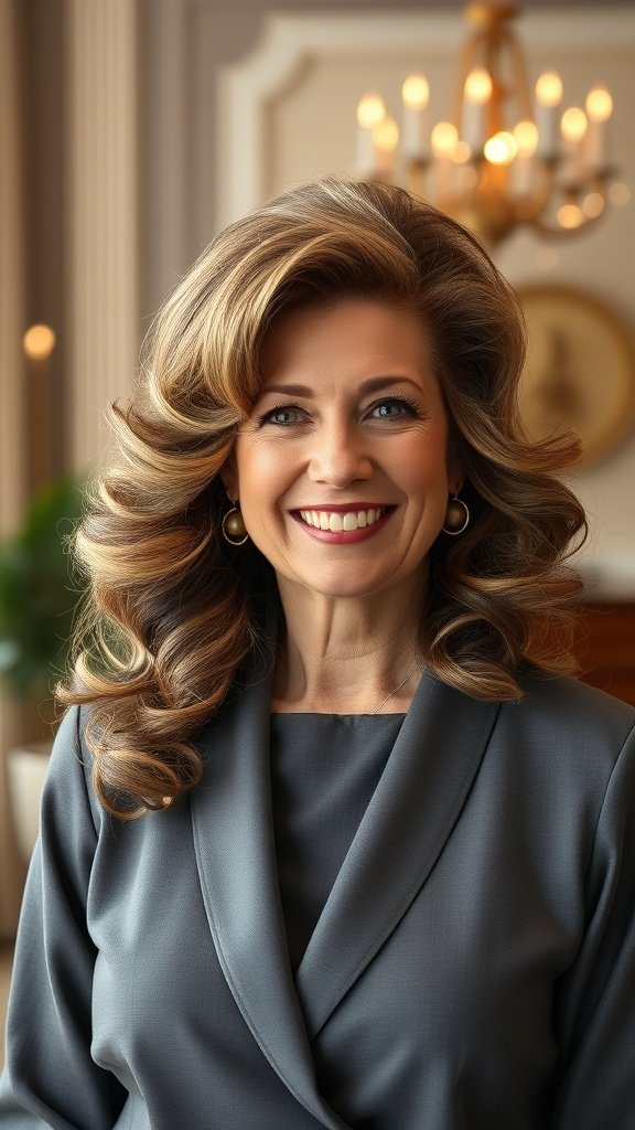 A woman with layered curls and a voluminous crown, smiling confidently.