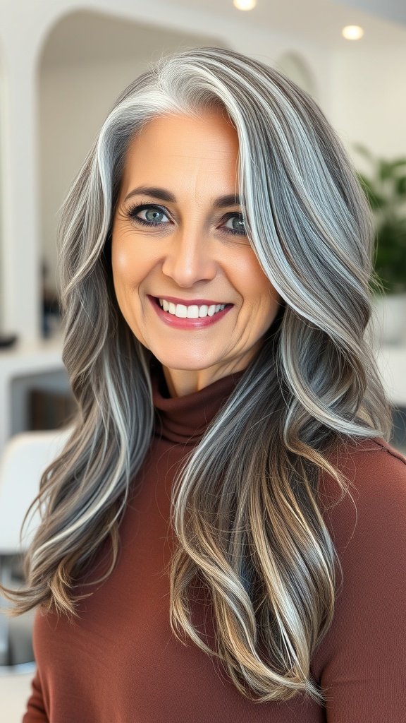 A woman with long gray hair styled in face-framing layers, smiling confidently.