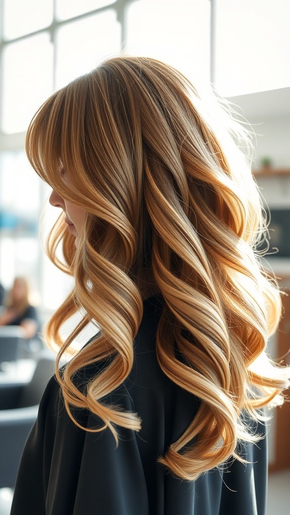 A woman with long layered hair and curtain bangs, showcasing soft waves and volume.