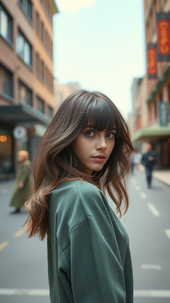 A woman with long shag haircut and voluminous bangs, standing in a city street.