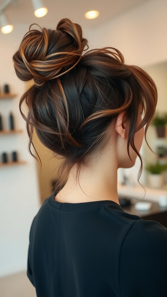 A woman with a medium-length messy bun and wispy bangs, showcasing a stylish and casual hairstyle.