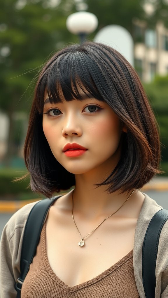 A woman with a medium chop haircut and straight bangs, looking stylish and confident.
