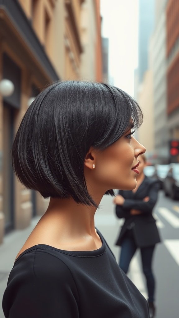 A woman with a mid-length choppy bob styled slicked back, showcasing a modern and chic look.